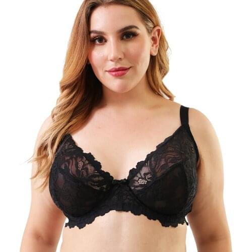 Sexy Lingerie Embroidery Floral Lace Bra Womens Plus Size Full Coverage Bra Unlined Underwire Brassiere Perspective Bralette