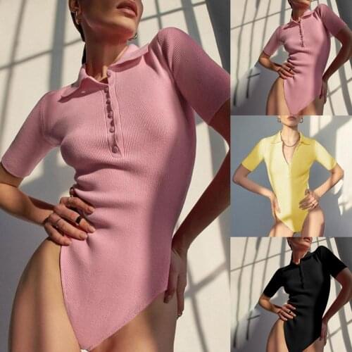 New Bodysuit Women Ladies Slim Women Playsuit Solid Color Slim Spring Autumn Lapel Short Sleeve Buttons Bodysuit Womens Jumpsuit