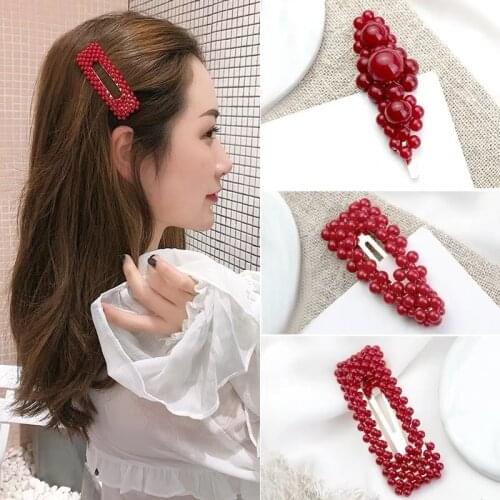 1Pc Fashion Red Pearl Hair Clip for Women Girls Elegant Korean Design Snap Barrette Stick Hairpin Hair Styling Accessories