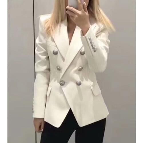 10.18 2019 Autumn Winter New solid twill Double breasted silver button slim blazer coat