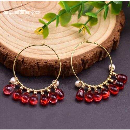 GLSEEVO Pure Natural Red Crystal Earrings Female Girl Party Bohemian Gift Freshwater Pearl Jewelry Handmade Ge0951