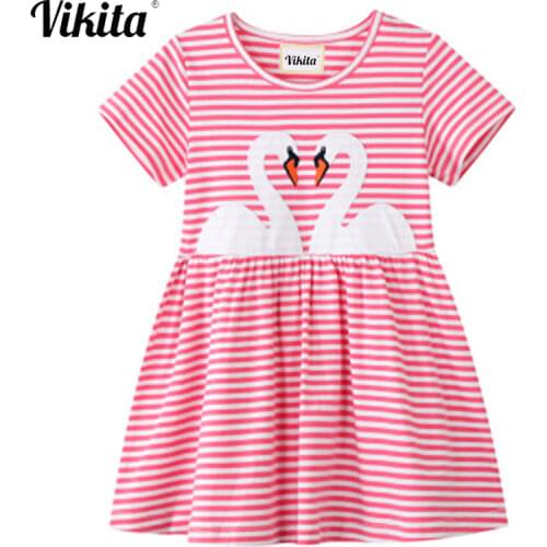 VIKITA Girls Cotton Dresses Kids Striped Vestidos Children Cartoon Embroidery Daily School Dress Girls Summer Short Sleeve Dress