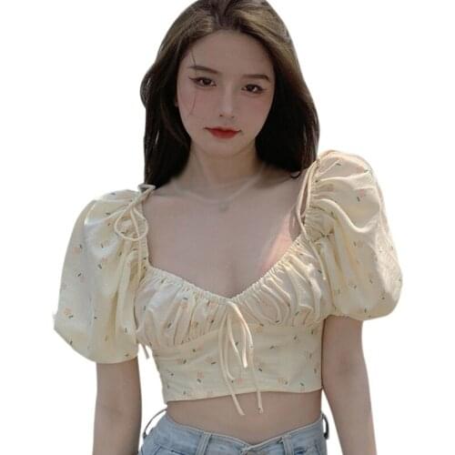 Summer Goose Yellow Floral Printed Cute Blouses Puff Sleeve Low Cut Exposed Navel Lantern Sleeve Tops