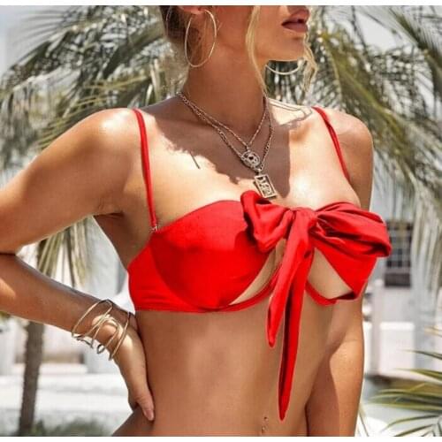 Summer Solid Color Swimwear Women Criss-Cross Halter Cutout Underwire Bikini Bra Top Multi-purpose Sexy Two-piece Separates Bra