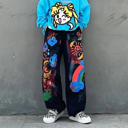 Cute Pink Cartoon Ins Pants Fashion Girl Harajuku Amine Pants Gothic Rainbow Funny Straight Summer Kawaii High Street Pants