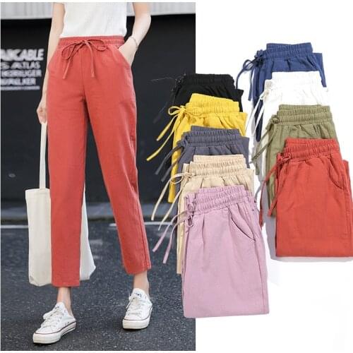 New Women Cotton Pants Summer Elastic Waist Loose Casual Harem Pants Womens Pocket Cotton Linen Trousers Ankle-length Capris