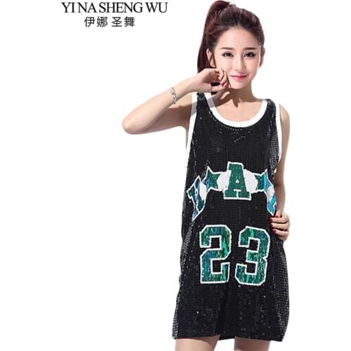 New Women Long T Shirt Casual Sequin Jazz Dance Costume Modern Dance Performance Costume Hip Hop DS Performance Show Mini Dress