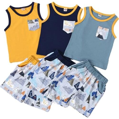 Boys Casual Two-piece Clothes Set, Sleeveless Round Collar Tops + Shorts, Navy/ Blue/ Yellow