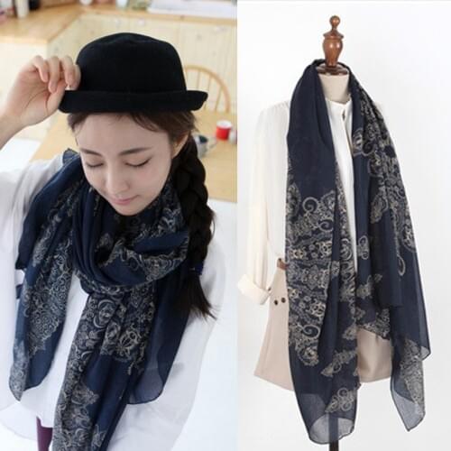 Chinese Style Women Long porcelain Print Soft Cotton Lady Comfortable Long Neck Large Scarf Shawl 170*80cm for Spring Xmas Gift