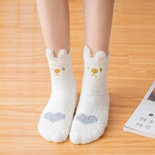 YZ-S-ZZ-0128 coral velvet embroidery socks for home cute cat claw middle tube sleep socks stereo ear floor socks for 2021