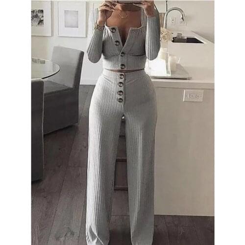 2pcs Tracksuit Set Women Long Sleeve Cardigan Slim Button Casual Set Sweater Top+Elastic Waist Pant Knitted Suit Women Coat