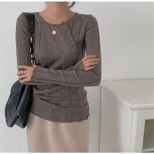 2021 Autumn Winter Sweaters For Women Female Knitted Pullover Solid O-neck Buttons Elegant Office Lady Casual All Match Tops
