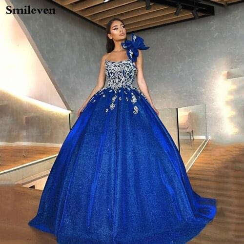Smileven Royal Blue Formal Evening Dresses 2019 Crystal Lace Sequin Formal Dress Party Gown robe de soiree Big Bow Prom Gowns