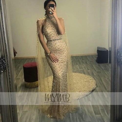 Flash Deal Stunning Dubai Design Evening Formal Dresses High Neck Full Beads Sleeveless Bodice Evening Gown For Women With Cape