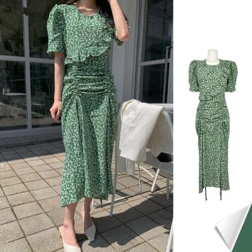 2021 summer French style vintage floral printed dress women slim puff sleeve mid calf dress