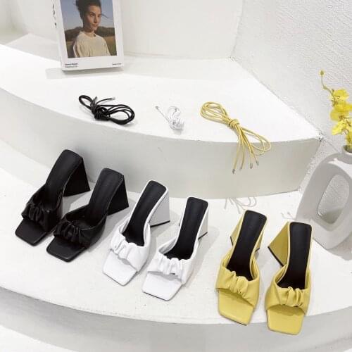 2 Ways Wear 2021 Summer Women Sandals Open Toe Casual Slides Solid Color White/Yellow/Black Sandals Slides Slippers High Heels