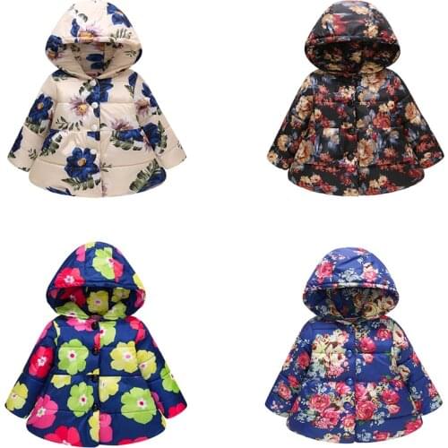 2021 Baby Girls Winter Coat Child Cute Hooded Cotton Outerwear Hat Button Thick Jacket Kids Lovely Clothes Flower Fashion