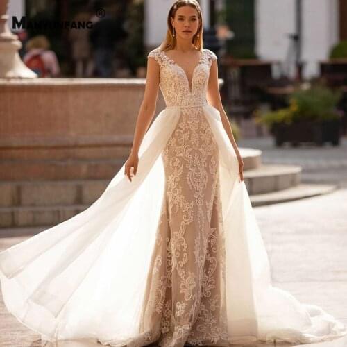 2021 Hot Sale Sweetheart Neck Detachable Train 2 IN 1 Bridal Gown Elegant Embroidery Appliques Tulle Mermaid Wedding Dress