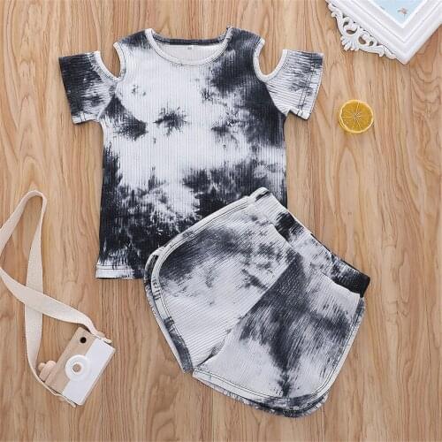 2021 0-6Y Fashion Kids Baby Girl Clothing Off Shoulder Tie Dye Print Short Sleeve T-shirt+Shorts Summer 2pcs Outfits Set
