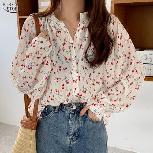2021 Casual Plus Size Loose Chiffon Blouse Women Blusas Autumn Puff Sleeve Floral Print Women Shirts Cardigan Ladies Tops 10316