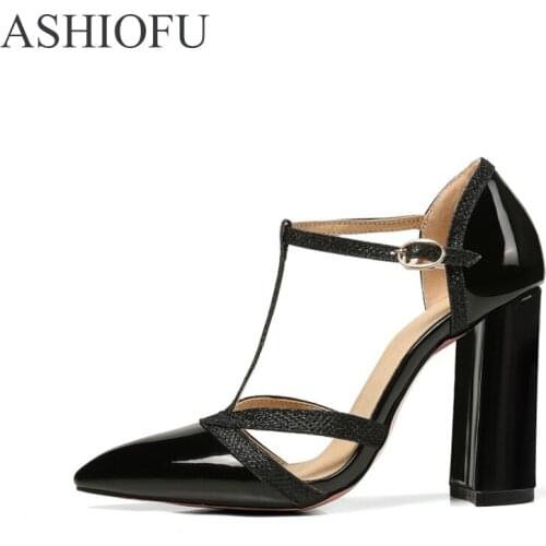ASHIOFU Wholesale Women High Heel Sandals T-strap Chunky Heel Party Prom Dress Shoes Fashion Club Thick Heel Sandals Shoes