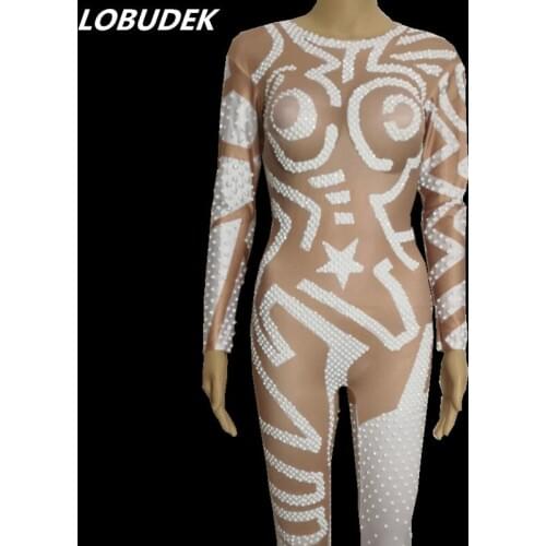 White Crystals Elastic Skinny Jumpsuit European Style Nightclub DJ Women Singer Stage Outfit Bar Dancer Party Show Dance Costume