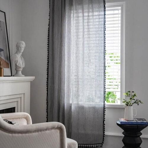 Bohemian Navy Blue Stripe Printing Tassel Small Window Kitchen Curtain Nordic Cotton And Linen Semi-Shading Bay Window Curtain