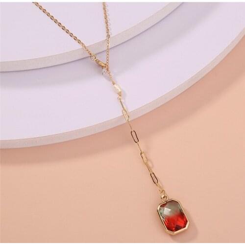 Fashion Splicing Chain Elegant Red White Gradient Rectangle Crystal Pendant Necklace for Women Palace Style Charm Party Jewelry