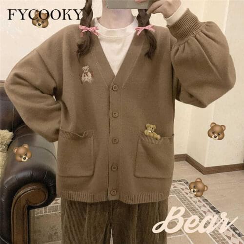 Cute Bear Embroidery Cardigans Women Japanese Kawaii Sweater Female New Autumn Winter Loose V-neck Knitted Jacket Woman