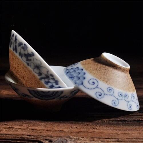 Ceramic Kung Fu Master Cup Blue and White Porcelain Tea Mug Coarse Pottery Retro Office Teacup Small Tea Bowl Business Gift