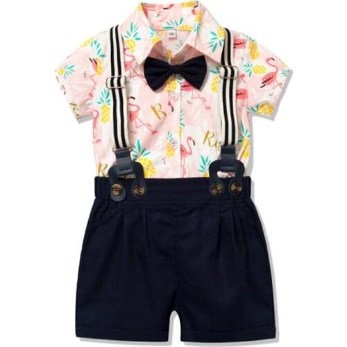 Newborn Baby Romper Clothes Suit for 3 -24 M Boy Flamingo Romper Bow Shorts Belt 4 Pieces Clothing Boy Party Birthday Costume