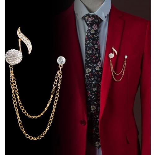 Korean Luxury Rhinestone Note Brooch Metal Tassel Chain Lapel Pins Mens Suit Corsage Shawl Buckle Brooches for Women Jewelry