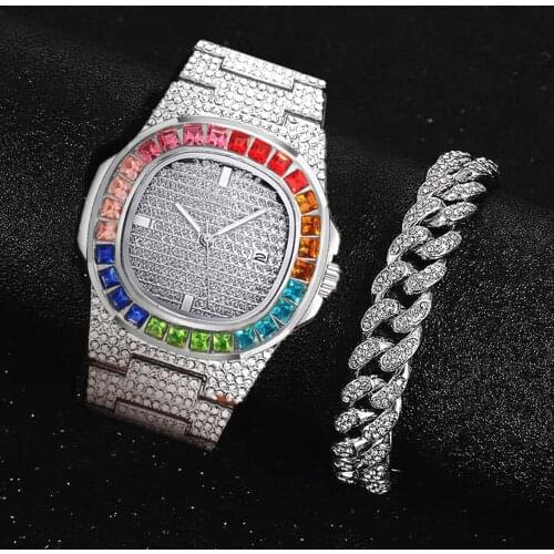 2pcs Bracelet+Watch for Men Top Brand for Men Luxury Bling Bling Iced Out Gold Watch Wrist Watches Women Mens Watch Reloj Hombre