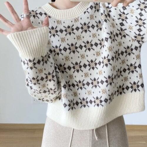 Sweaters Women Knitted O-neck Long Sleeve Pullovers Short Floral Print 2021 New Autumn Winter Casual Knitwear 4 Colors Femme Top