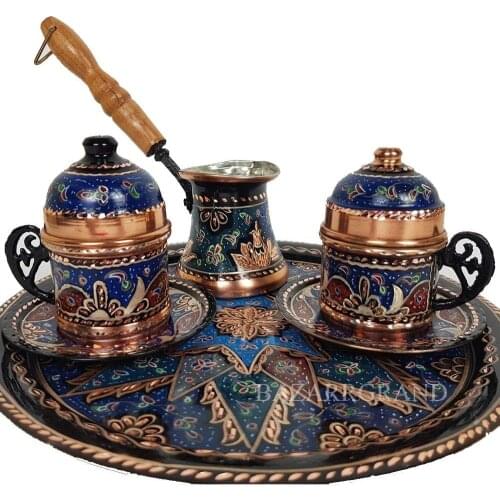 Turkish Greek Arab Moroccan Coffee Espresso Cups Set of 2 - Coffee Pot and Saucers Tray Set with Lid and Holder Handle Vintage F