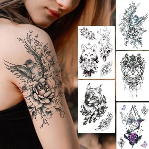 Bird Flower Temporary Tattoos For Women Girls Black Cat Hummingbirds Owl Wolf Tattoo Sticker Fake Jewelry Geometric Tatoos Decal