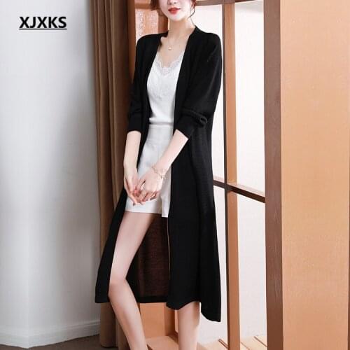 XJXKS 2021 Spring Autumn New Women Long Sweater Fashion V-neck Wool Knit Cardigan Women Jacket