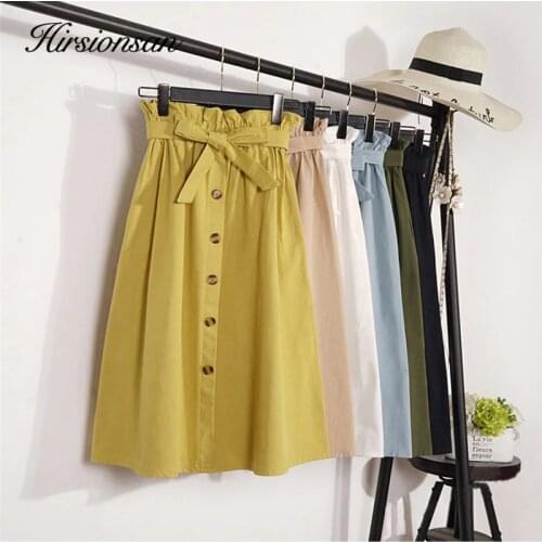 Hirsionsan Vintage Cotton Skirts Women 2020 Spring High Waist Soft Ladies Long Skirt Korean Bow-knot Pleated Midi Skirt Female