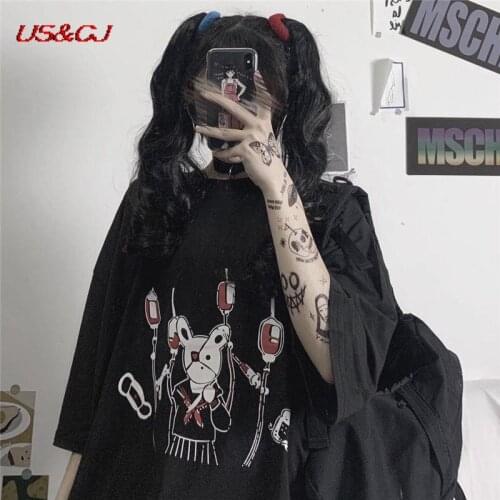 Harajuku cartoon Print Short Sleeve dropshipping clothes Loose Vintage women tshirt Ulzzang rabbit Street Gothic Punk Summer