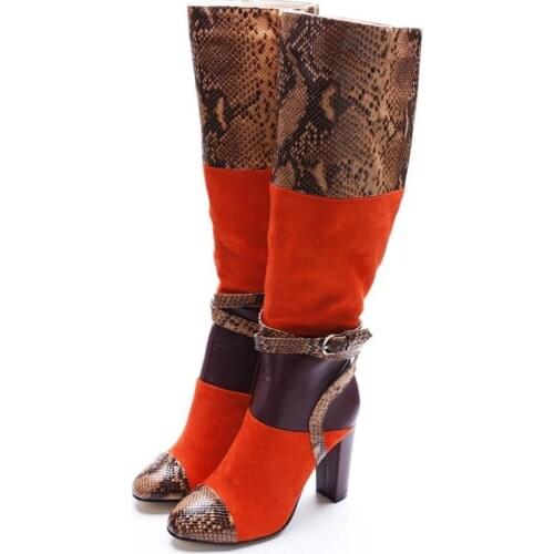 Shoes Woman Heels Mixed Color Patchwork Snakeskin Long Boots Sexy Belt Decor High Chunky Heels Woman Party Shoes Plus Size 43