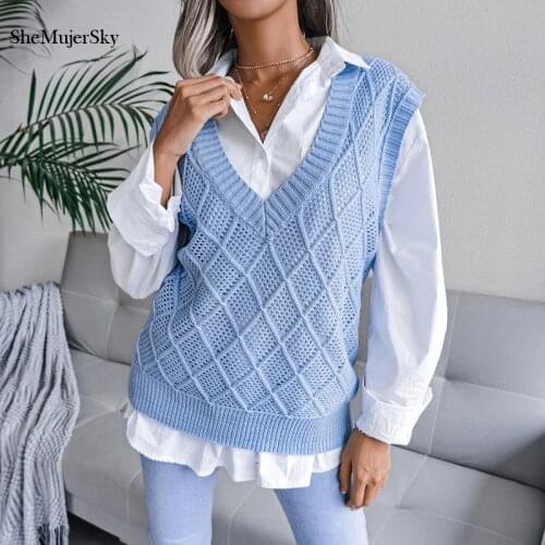 SheMujerSky Argyle Plaid Knitted Sweaters Women Sleeveless V-neck Loose Pullovers 2021 Solid Color Hollow Out Sweater