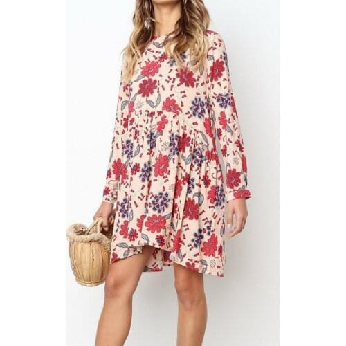 Womens Fashion Flower Print Party Dress Summer Blouse Shirts Full Sleeve Mini Skirt Casual Dress Ladies Holiday Clothing Dress