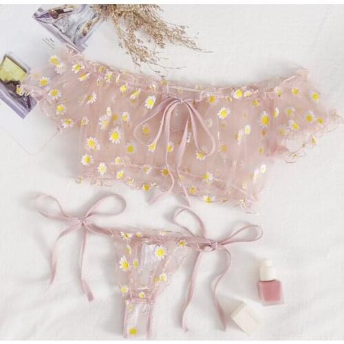 Women Sexy Lingerie Sheer Floral Printing Off-Shoulder Crop Top + Tie-Waist Thong-Panty for Girlfriend Wife 2Pcs Suit
