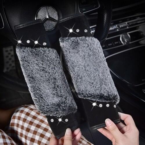 Car Seat Belt Cover Plush Seat Belt Shoulder Pad Winter Crystal Rhinestones Shifter Gear Cover Hand Brake Covers Sets