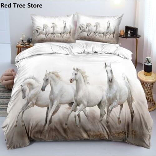 3D Bedding Sets Duvet Quilt Cover Set Comforter Pillowcase Bed Linen King Queen Full Single Size White Animal Horse Home Texitle