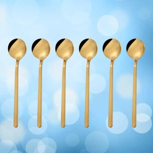6 Pcs 13CM Stainless Steel Round Spoon Mini Long Handle Teaspoons Coffee Stirring Spoon for Coffee Sugar Dessert (Short, Golden)