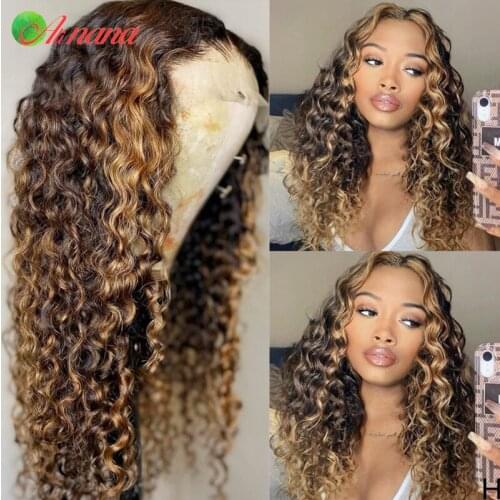 Alinana 13x4 Lace Frontal Wig Ombre Highlights Blonde Color Deep Curly Human Hair Wigs 180% Density Bouncy Curls For Black Women