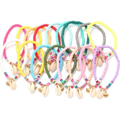 Boho Multicolor Polymer Clay African Heishi Beads Stretch Bracelet Women Girl Hot Fashion White Cowrie Seashell Sea Fan Jewelry