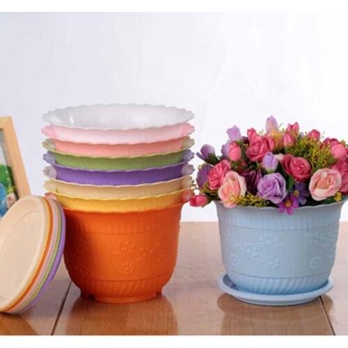 Colourful Round Plastic Plant Flower Pot Home Office Decor Planter Pots with Trays Green Plant Artificial Home Decor 1PC