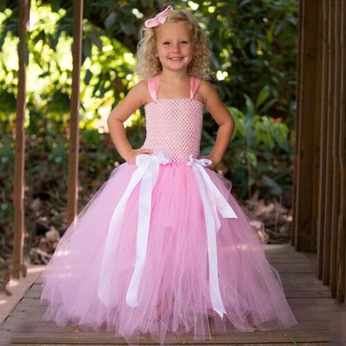Flower Girls Pink Long Tutu Dress Baby Crochet Tulle Strap Dress Ball Gown with Big Ribbon Bow Kids Wedding Party Costume Dress